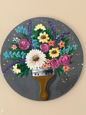 Round Floral Painting with Bouquet in Brush Vase - Multicolor